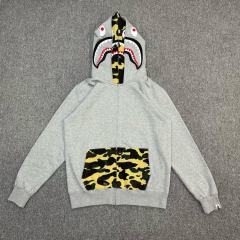 [Best Quality] 1:1 Bape Double Hood Green Camo Shark Hoodie Gray