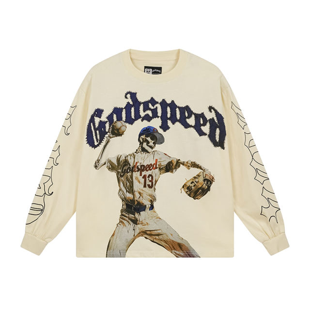 28357720 Skeleton Baseball Player Print Washed Version Long Sleeve T-Shirt 2 colors