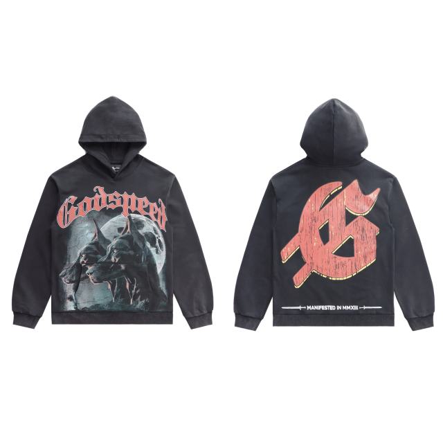 28412268 Dog Head Moon Print Washed Version Hoodie 2 colors