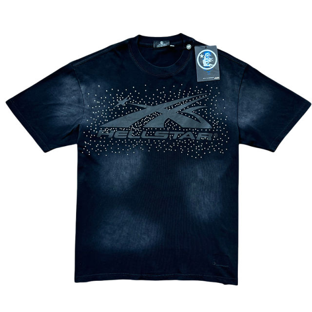 Hellstar Rhinestone Black Logo Print Washed Version Tee