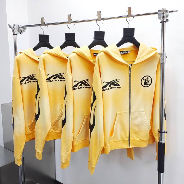 1:1 Quality Hellstar Washed Yellow Chest Double Logo Print Zipper Hoodie with NFC tag