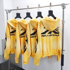 1:1 Quality Hellstar Washed Yellow Chest Double Logo Print Zipper Hoodie with NFC tag