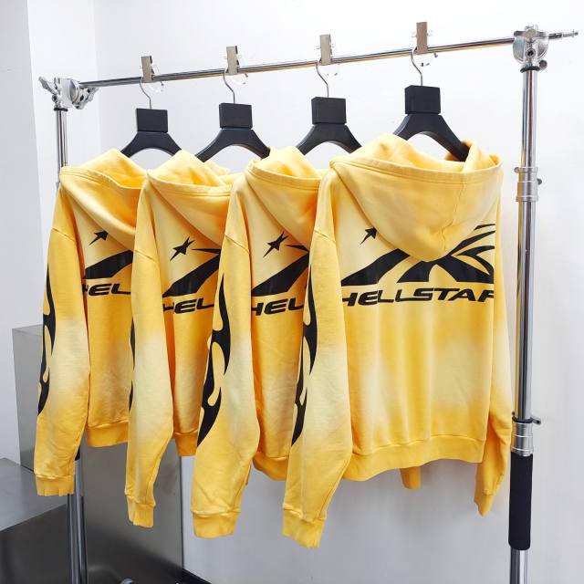 1:1 Quality Hellstar Washed Yellow Chest Double Logo Print Zipper Hoodie with NFC tag