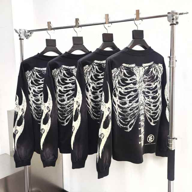 1:1 Quality  Hellstar Glow-in-the-dark bone print long-sleeved T-shirt with NFC tag