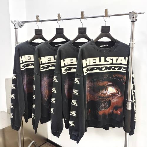 1:1 Quality  Hellstar Half face frayed crew neck Sweatshirt & Pants Set with NFC tag