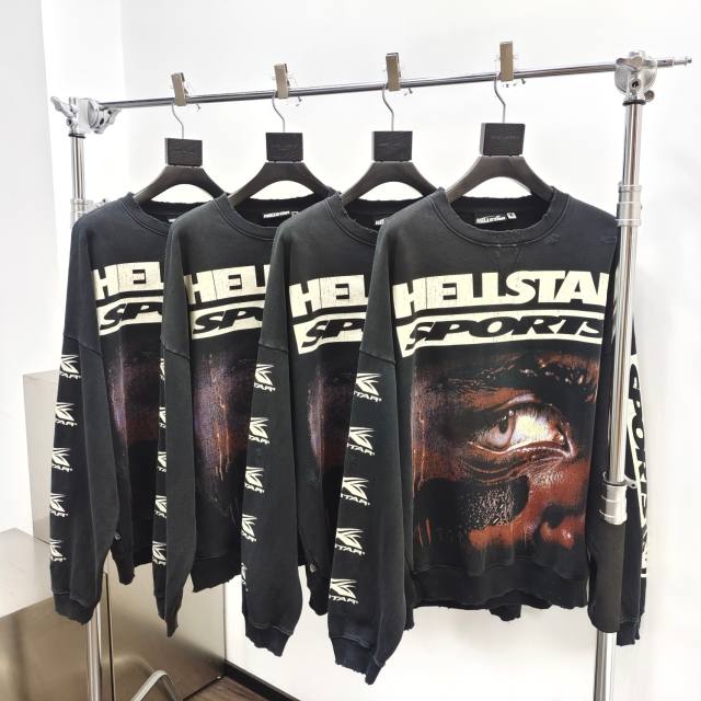 1:1 Quality  Hellstar Half face frayed crew neck Sweatshirt & Pants Set with NFC tag