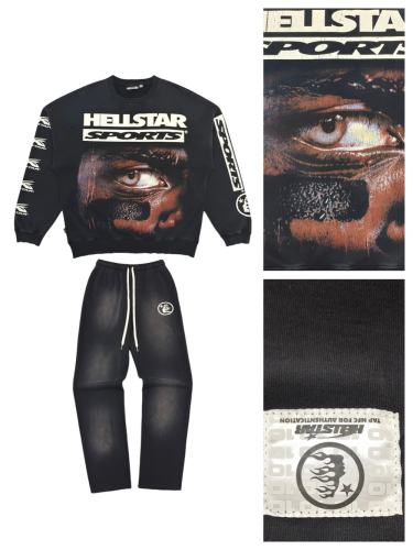 1:1 Quality  Hellstar Half face frayed crew neck Sweatshirt & Pants Set with NFC tag