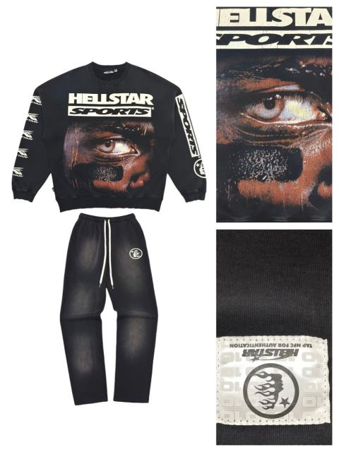 1:1 Quality  Hellstar Half face frayed crew neck Sweatshirt & Pants Set with NFC tag