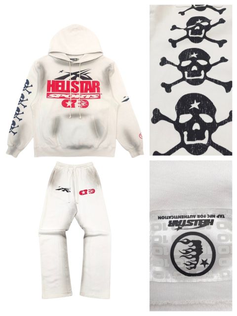 1:1 Quality Hellstar Beige Skull Slogan Logo Hoodie & Sweatpants Set with NFC tag