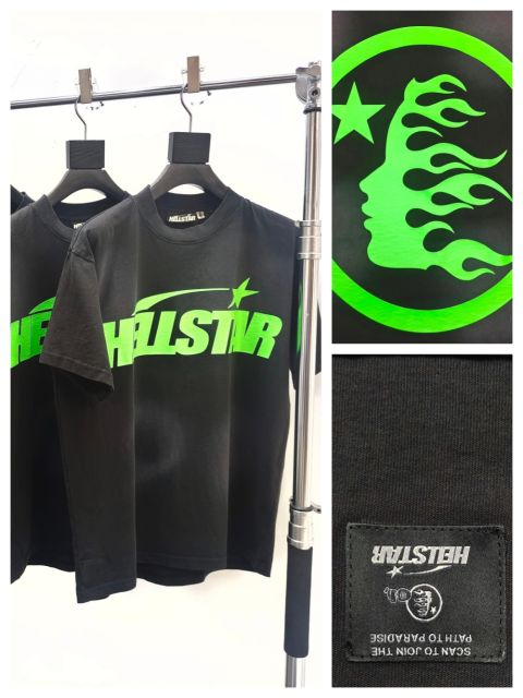 1:1 Quality Hellstar Green Classic Letter Logo Printed Washed Version Tee