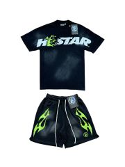 28310477 Green Side Face Printed Washed Version Tee & Shorts Set