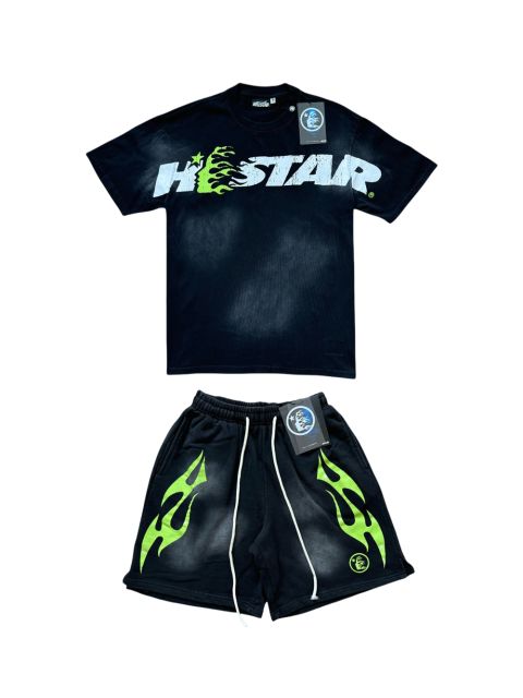 28310477 Green Side Face Printed Washed Version Tee & Shorts Set