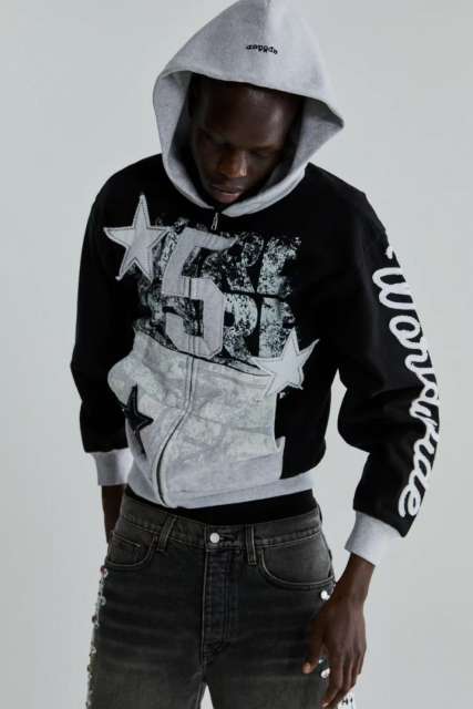 1:1 quality version 28412362 Hot-fix rhinestone five-pointed star large 5 embroidered hoodie