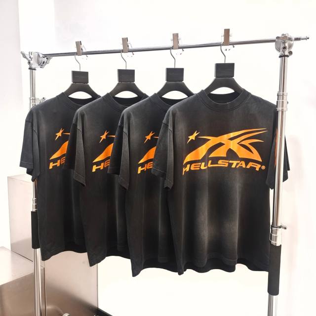 1:1 Quality Hellstar Front and back full orange washed black tee with NFC tag