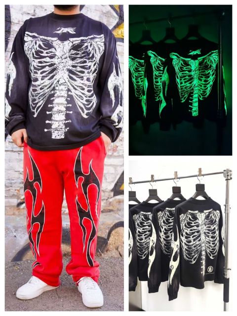 1:1 Quality  Hellstar Glow-in-the-dark bone print long-sleeved T-shirt with NFC tag