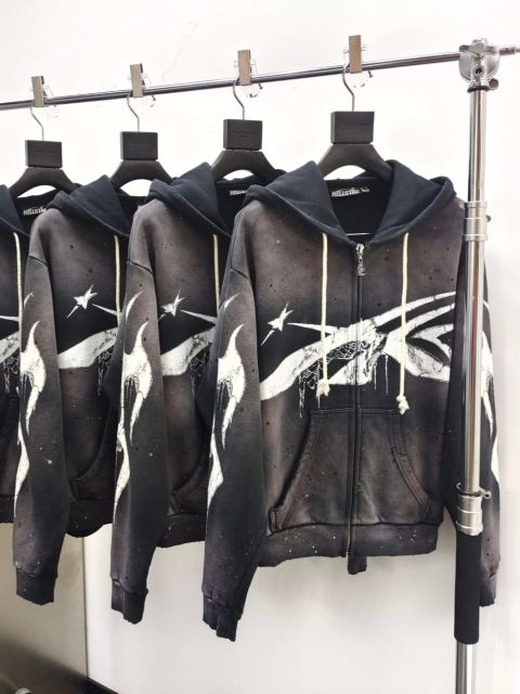 1:1 Quality Hellstar Big Graphic Splash Inked Aged Zip Hoodie