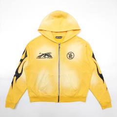 1:1 Quality Hellstar Washed Yellow Chest Double Logo Print Zipper Hoodie with NFC tag