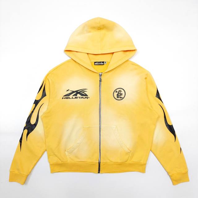 1:1 Quality Hellstar Washed Yellow Chest Double Logo Print Zipper Hoodie with NFC tag