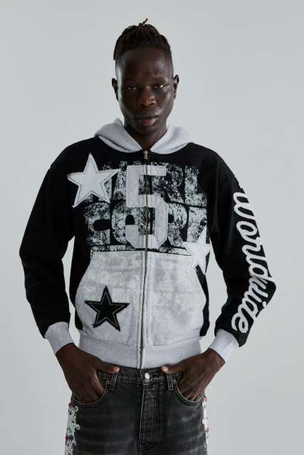 1:1 quality version 28412362 Hot-fix rhinestone five-pointed star large 5 embroidered hoodie