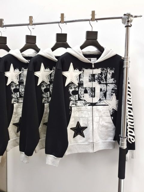 1:1 quality version 28412362 Hot-fix rhinestone five-pointed star large 5 embroidered hoodie