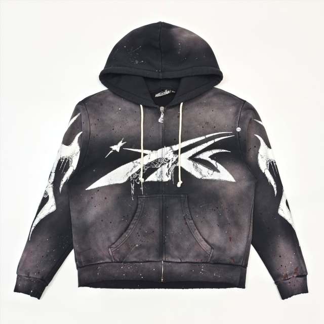 1:1 Quality Hellstar Big Graphic Splash Inked Aged Zip Hoodie