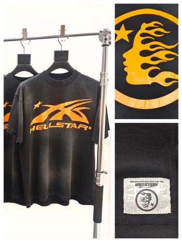 1:1 Quality Hellstar Front and back full orange washed black tee with NFC tag