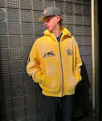 1:1 Quality Hellstar Washed Yellow Chest Double Logo Print Zipper Hoodie with NFC tag