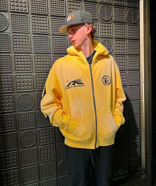 1:1 Quality Hellstar Washed Yellow Chest Double Logo Print Zipper Hoodie with NFC tag