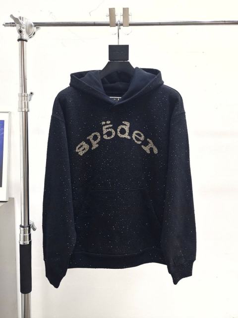 1:1 Top Quality Sp5der Rhinestone VVS Hoodie Black Jewel