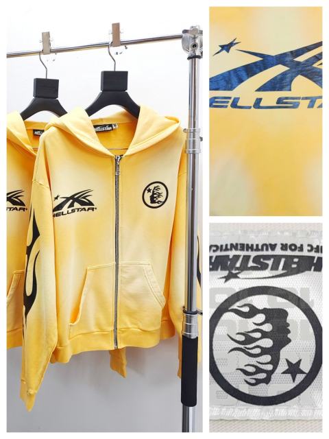 1:1 Quality Hellstar Washed Yellow Chest Double Logo Print Zipper Hoodie with NFC tag