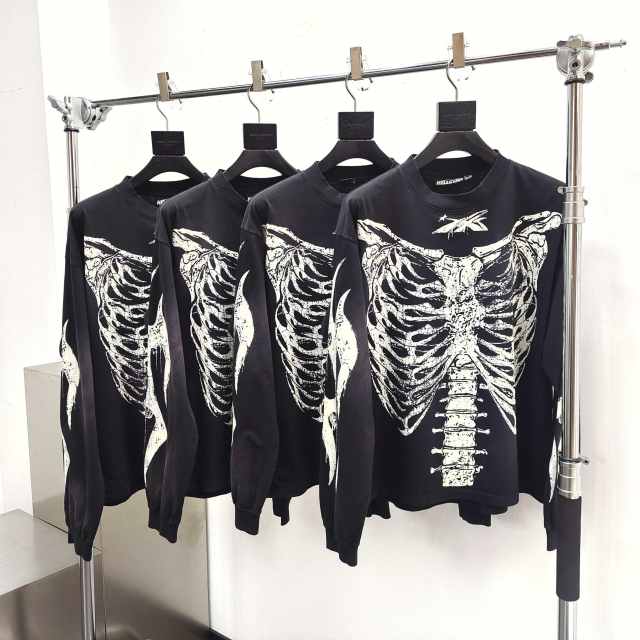 1:1 Quality  Hellstar Glow-in-the-dark bone print long-sleeved T-shirt with NFC tag