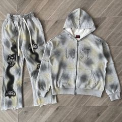 Lost Intricacy Rhinestone Zipper Hoodie & Pants Set Gray
