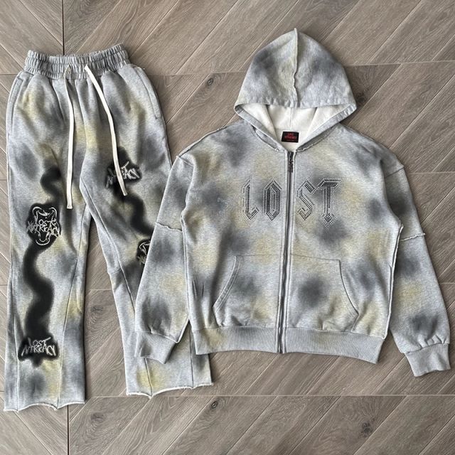 Lost Intricacy Rhinestone Zipper Hoodie & Pants Set Gray