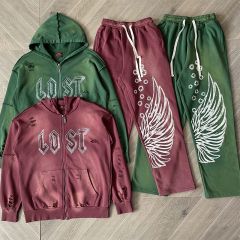 Lost Intricacy Studded Zipper Hoodie & Pants Set Green