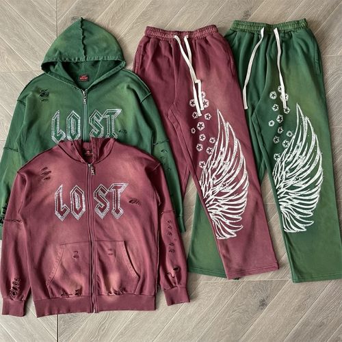 Lost Intricacy Studded Zipper Hoodie & Pants Set Green