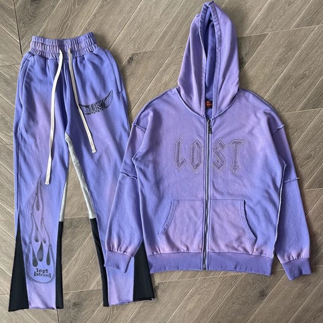 Lost Intricacy Rhinestone Zipper Hoodie & Pants Set Purple