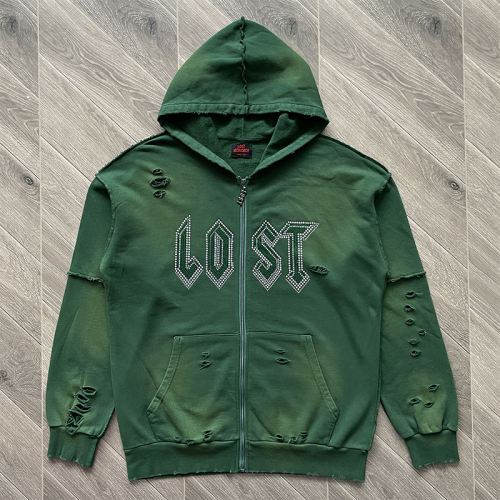 Lost Intricacy Studded Zipper Hoodie & Pants Set Green