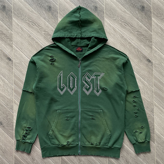 Lost Intricacy Studded Zipper Hoodie & Pants Set Green