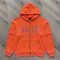Lost Intricacy Rhinestone Zipper Hoodie & Pants Set Orange
