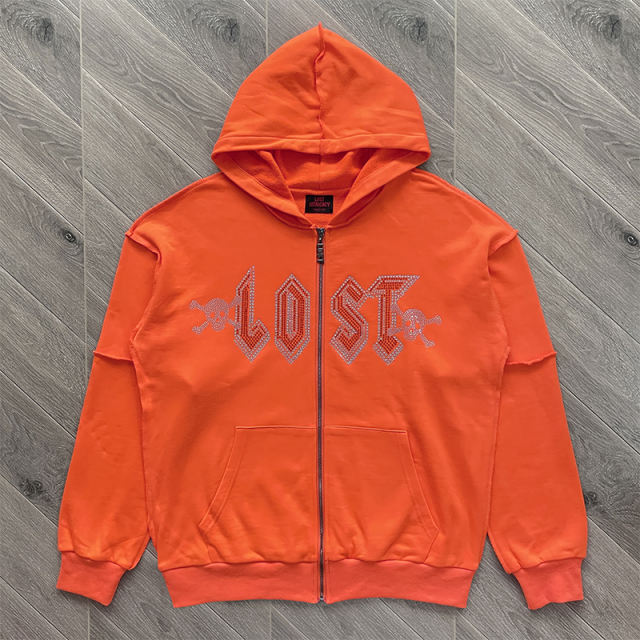 Lost Intricacy Rhinestone Zipper Hoodie & Pants Set Orange