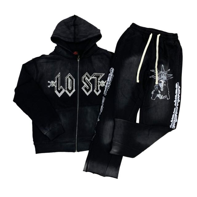 Lost Intricacy Chest hot diamond zipper Hoodie & Pants Set