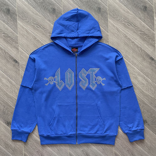 Lost Intricacy Rhinestone Zipper Hoodie Blue