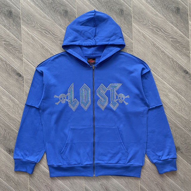 Lost Intricacy Rhinestone Zipper Hoodie Blue