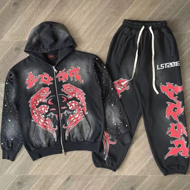 Lost Intricacy Rhinestone Zipper Hoodie & Pants Set