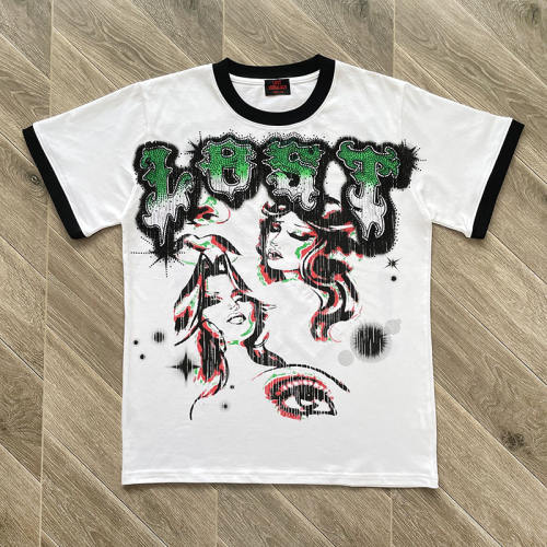 Lost Intricacy Black White Rhinestone Print Washed Version Tee