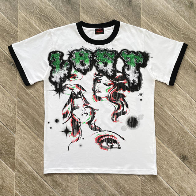 Lost Intricacy Black White Rhinestone Print Washed Version Tee