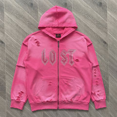 Lost Intricacy Rhinestone Zipper Hoodie & Pants Set Pink