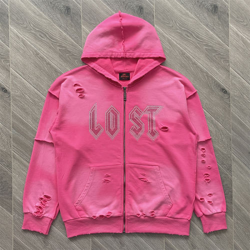 Lost Intricacy Rhinestone Zipper Hoodie & Pants Set Pink