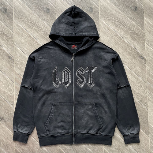 Lost Intricacy Rhinestone Zipper Hoodie Black