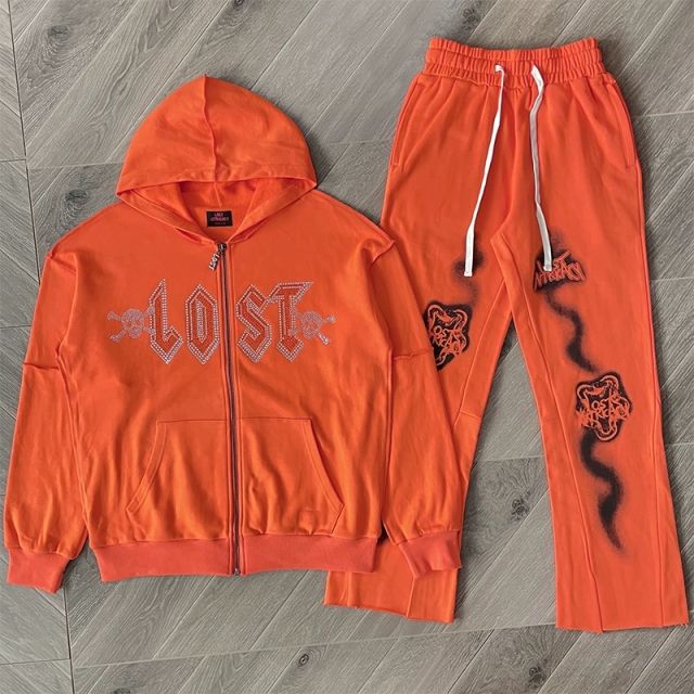 Lost Intricacy Rhinestone Zipper Hoodie & Pants Set Orange